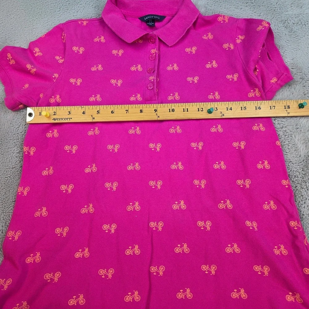 Lands End Polo Shirt Womens XS Bicycle Print Classic Fit Pique Knit Pink Magenta